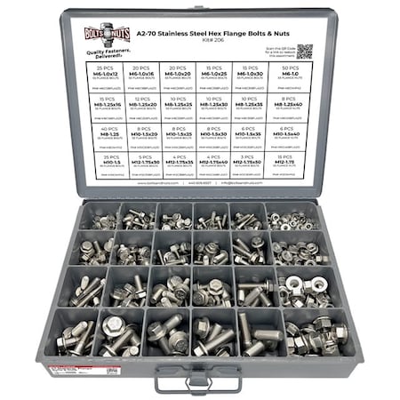 Boltsandnuts.Com Metric A2 Stainless Steel Hex Flange Bolts & Nuts Assortment - 343 PCS Assortment Kit #206